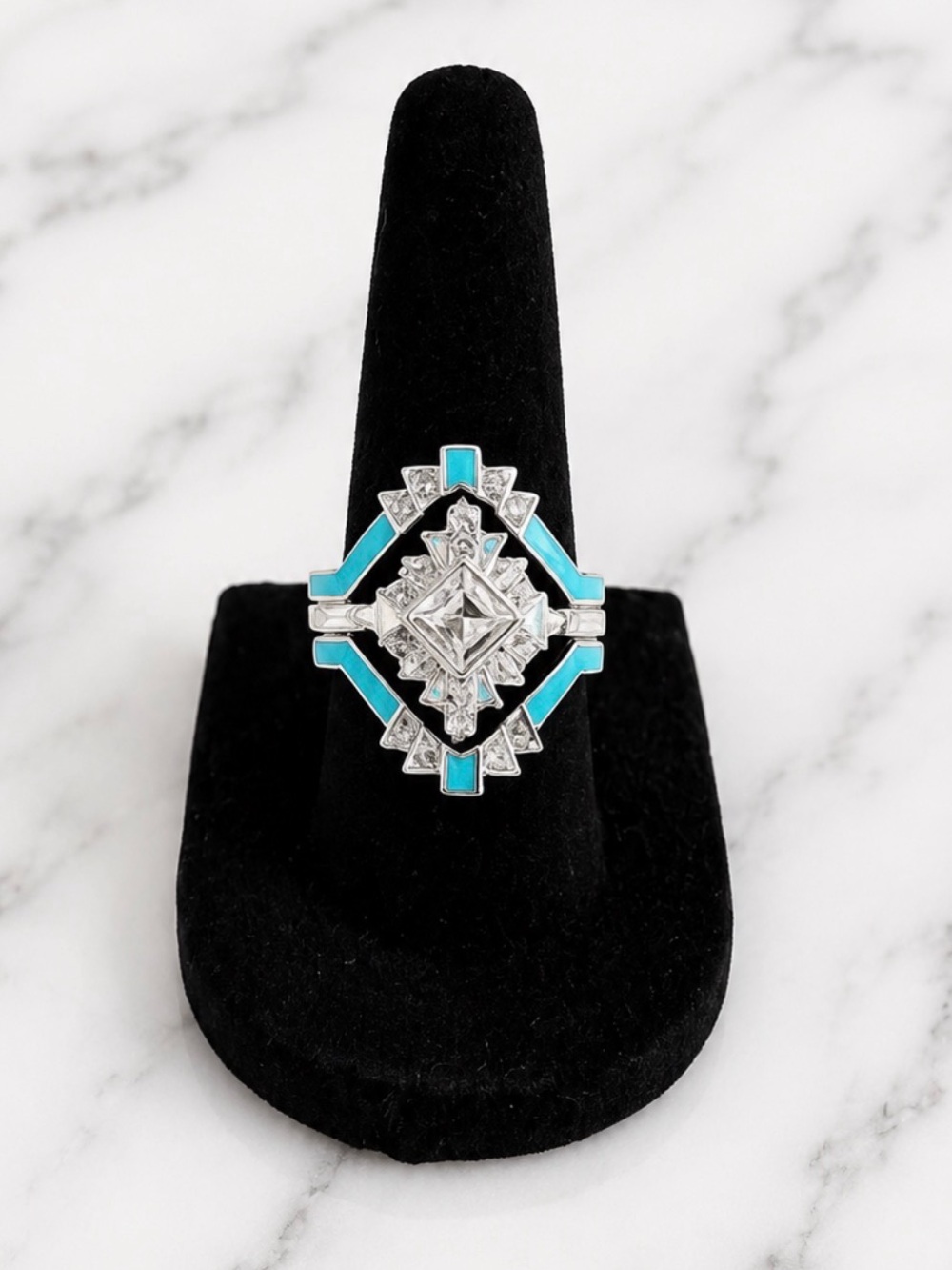 Turquoise Silver Tone Triple Band Art Deco Fashion Ring-Size 6.5